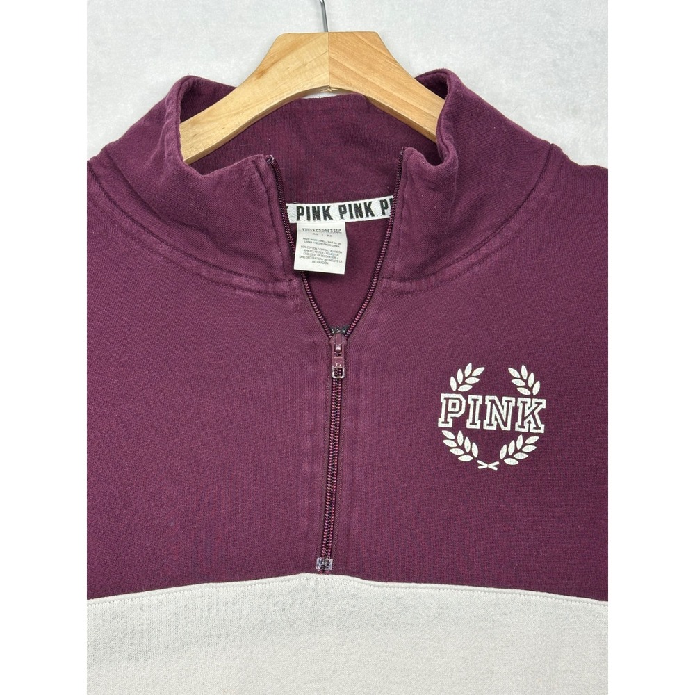 Victoria's Secret PINK Quarter Zip Sweatshirt Maroon Cream Sequin Logo Medium